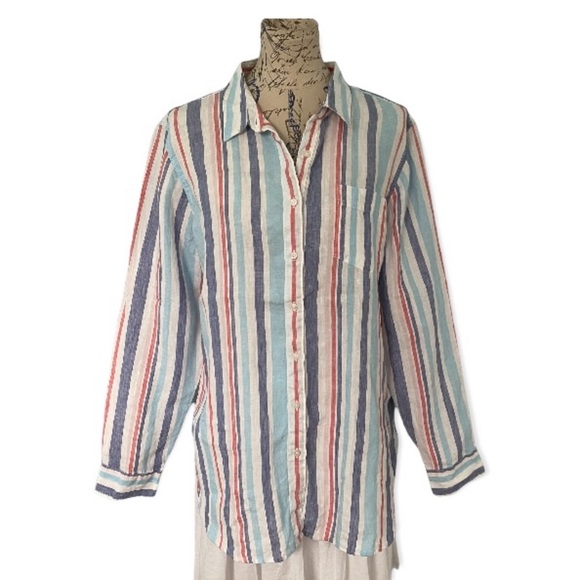 LL Bean Premium Striped Pool Blue Linen Button Down Shirt New - Picture 1 of 10